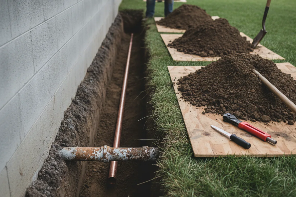 Excavated water line trench during Water Softener Installation in Paynesville